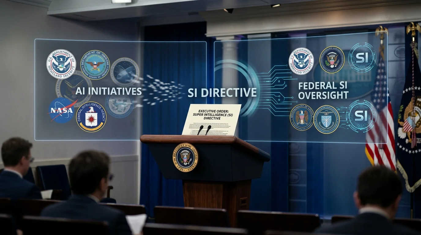 White House Press Briefing Podium Announcing Super Intelligence SI Directive White House Press Briefing Podium Announcing Super Intelligence SI Directive